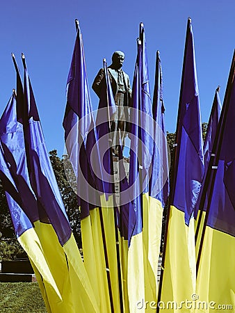 Ukrainian flags in front of a statue of Taras Shevchenko - UKRAINE - KYIV or KIEV Stock Photo